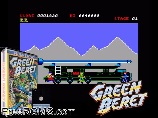 Green Beret (UK) (1986) [a2] Amstrad CPC game showing 3D box cover and gameplay screenshot